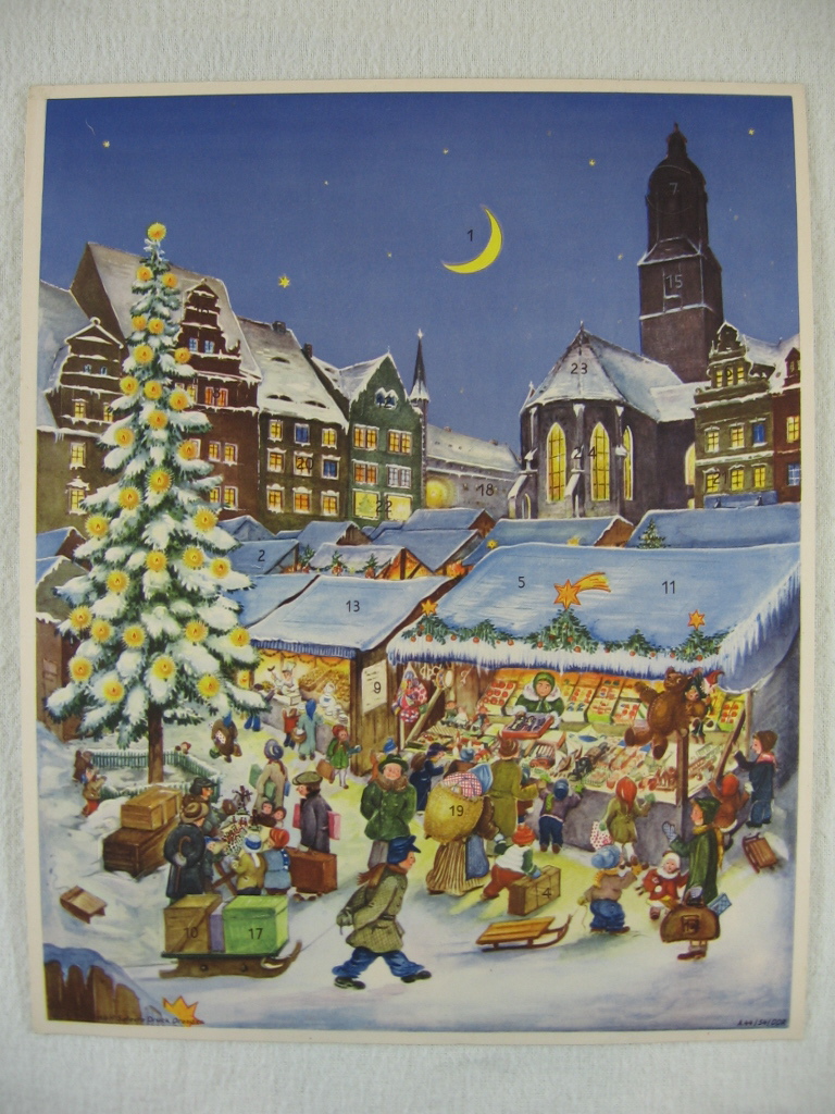 Thiele, Karl Max:  Adventskalender: Weihnachtsmarkt Meißen mit Frauenkirche. 