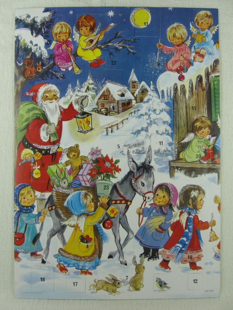   Adventskalender: Weihnachtsmann kommt mit dem Esel. 