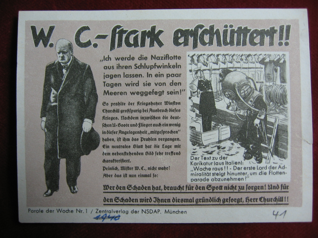   NS-Propagandazettel: Parole der Woche Nr. 1, 1941: W. C. - stark erschüttert! 