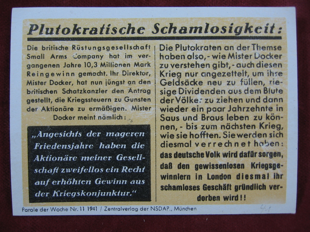   NS-Propagandazettel: Parole der Woche Nr. 11, 1941: Plutokratische Schamlosigkeit. 