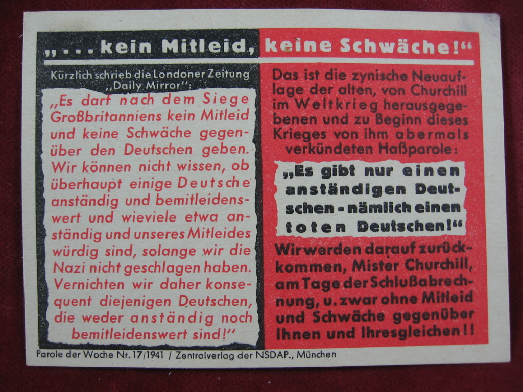   NS-Propagandazettel: Parole der Woche Nr. 17, 1941: .. Kein Mitleid, keine Schäche! 