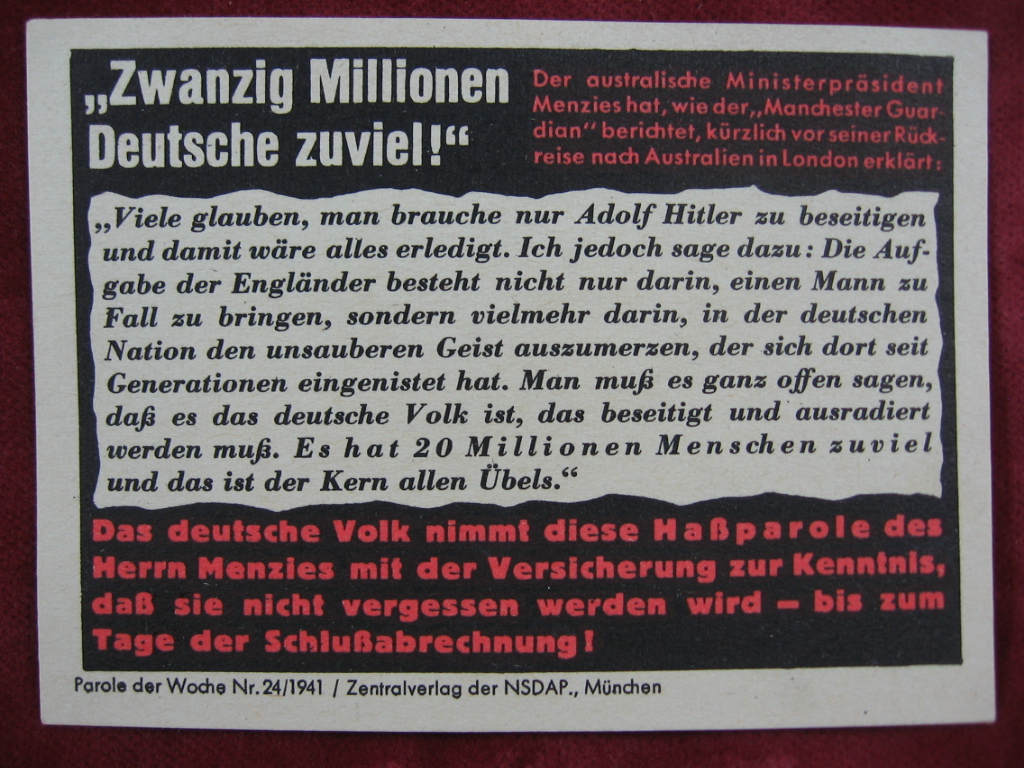   NS-Propagandazettel: Parole der Woche Nr. 24, 1941: Zwanzig Millionen Deutsche zuviel! 