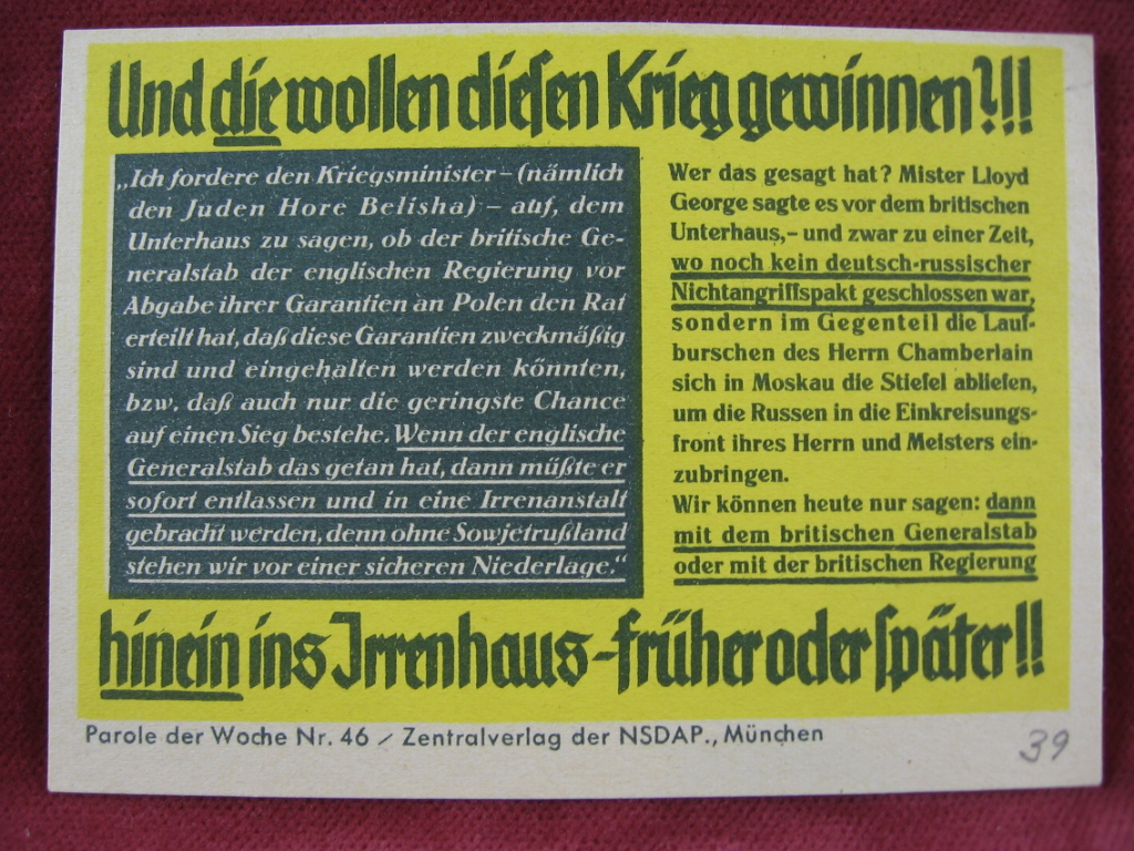   NS-Propagandazettel: Parole der Woche Nr. 46, (1939): Und die wollen diesen Krieg gewinnen? 