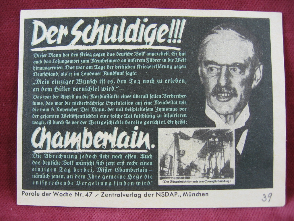   NS-Propagandazettel: Parole der Woche Nr. 47, (1939): Der Schuldige!!! Chamberlain. 