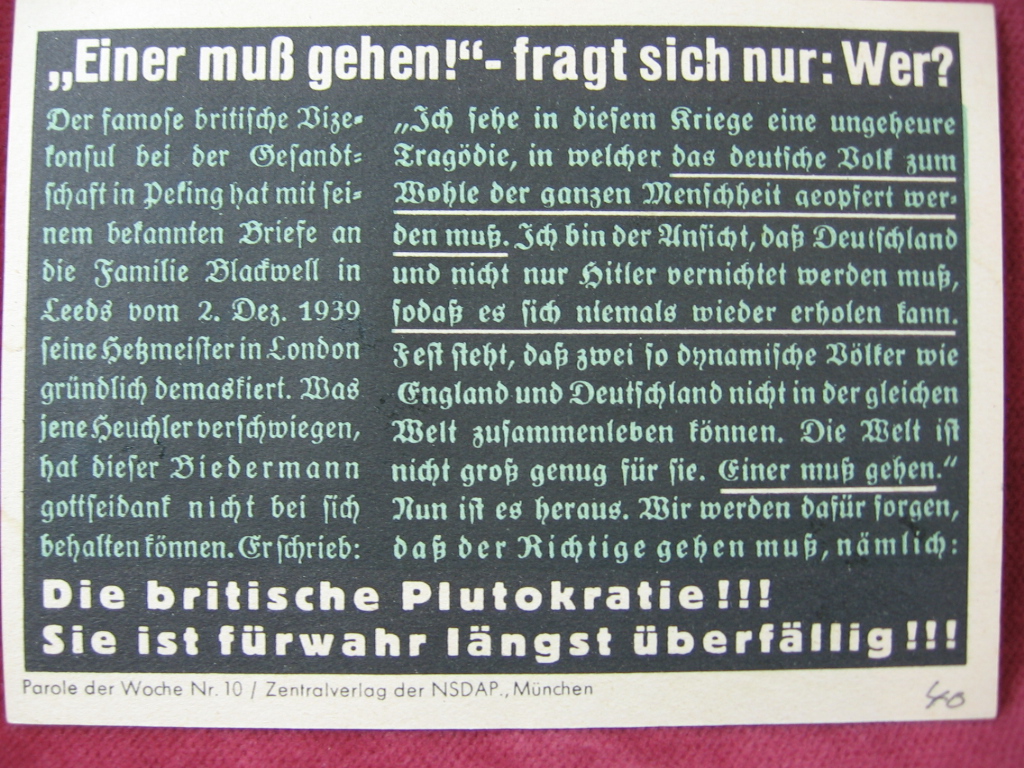   NS-Propagandazettel: Parole der Woche Nr. 10, (1940): Einer muß gehen! - fragt sich nur: Wer? 