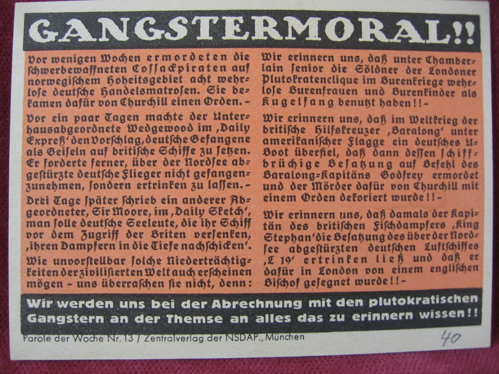   NS-Propagandazettel: Parole der Woche Nr. 13, (1940): Gangstermoral! 