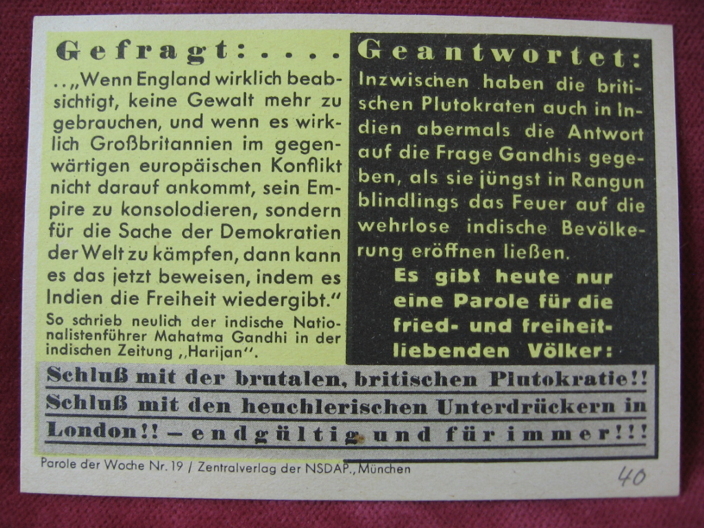   NS-Propagandazettel: Parole der Woche Nr. 19, (1940): Gefragt: Geantwortet. 