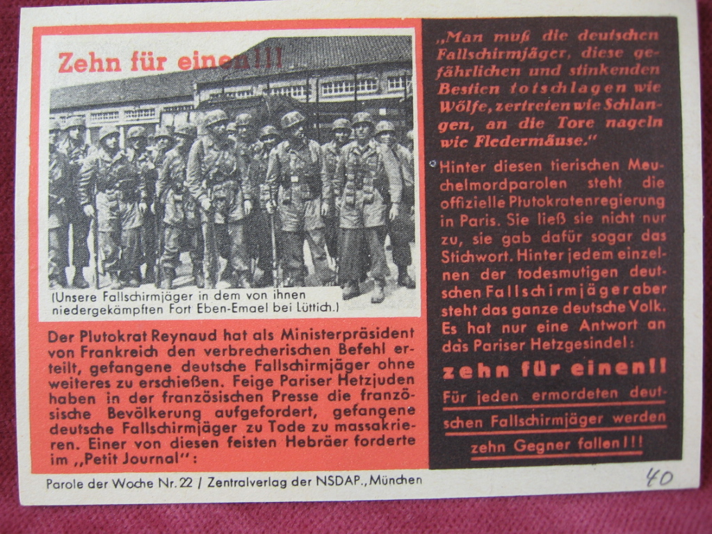   NS-Propagandazettel: Parole der Woche Nr. 22, (1940): Zehn für einen! (Unsere Fallschirmjäger). 
