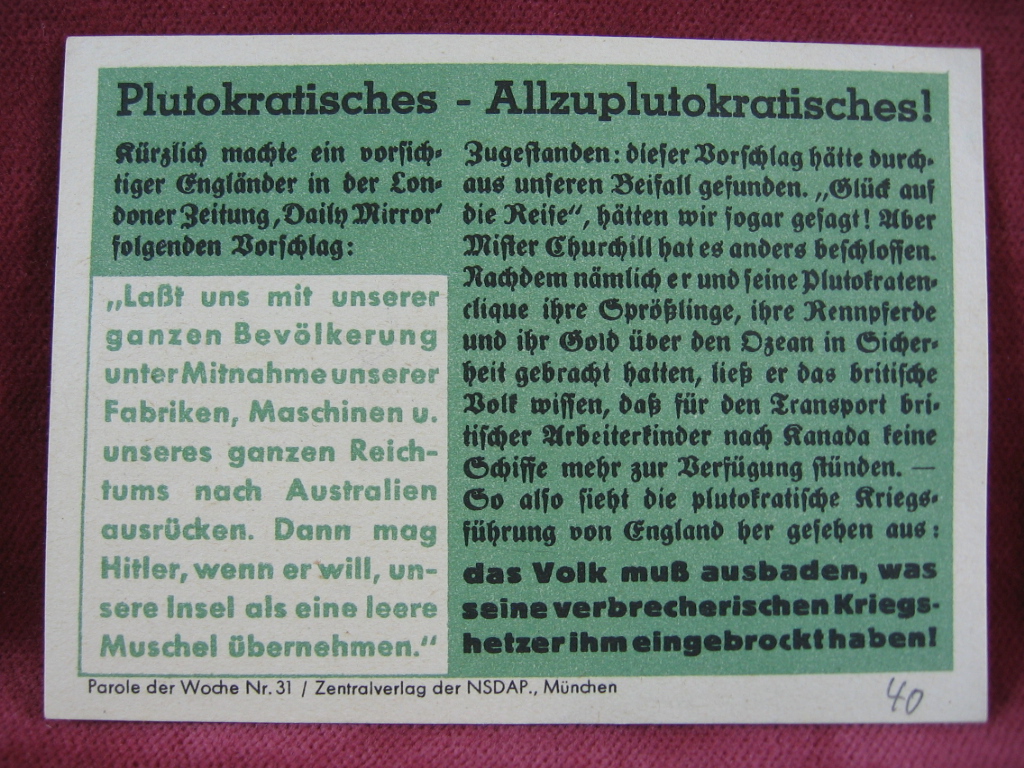   NS-Propagandazettel: Parole der Woche Nr. 31, (1940): Plutokratisches - Allzuplutokratisches! 