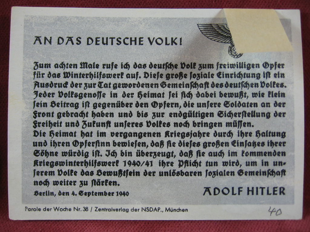   NS-Propagandazettel: Parole der Woche Nr. 38, (1940): An das Deutsche Volk! 
