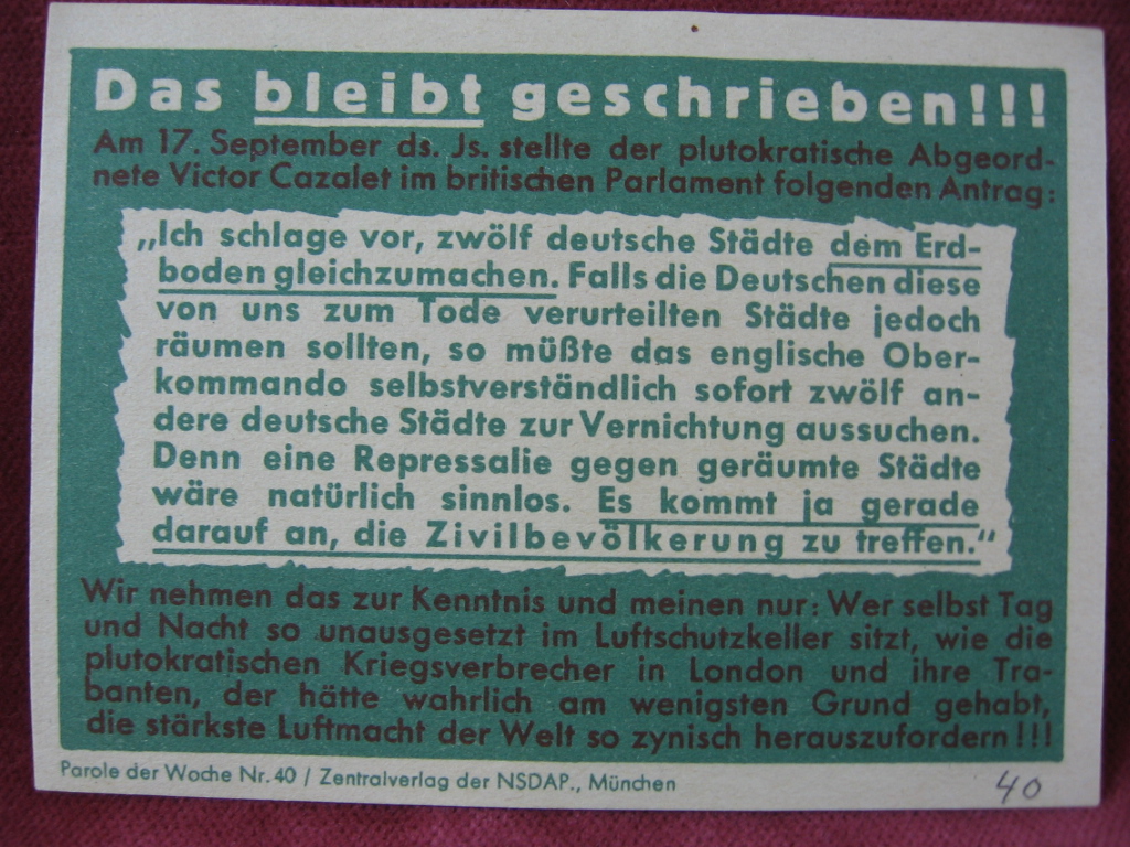   NS-Propagandazettel: Parole der Woche Nr. 40, (1940): Das bleibt geschrieben! 