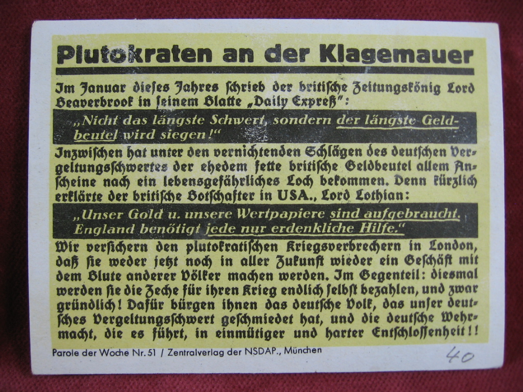   NS-Propagandazettel: Parole der Woche Nr. 51, (1940): Plutokraten an der Klagemauer. 