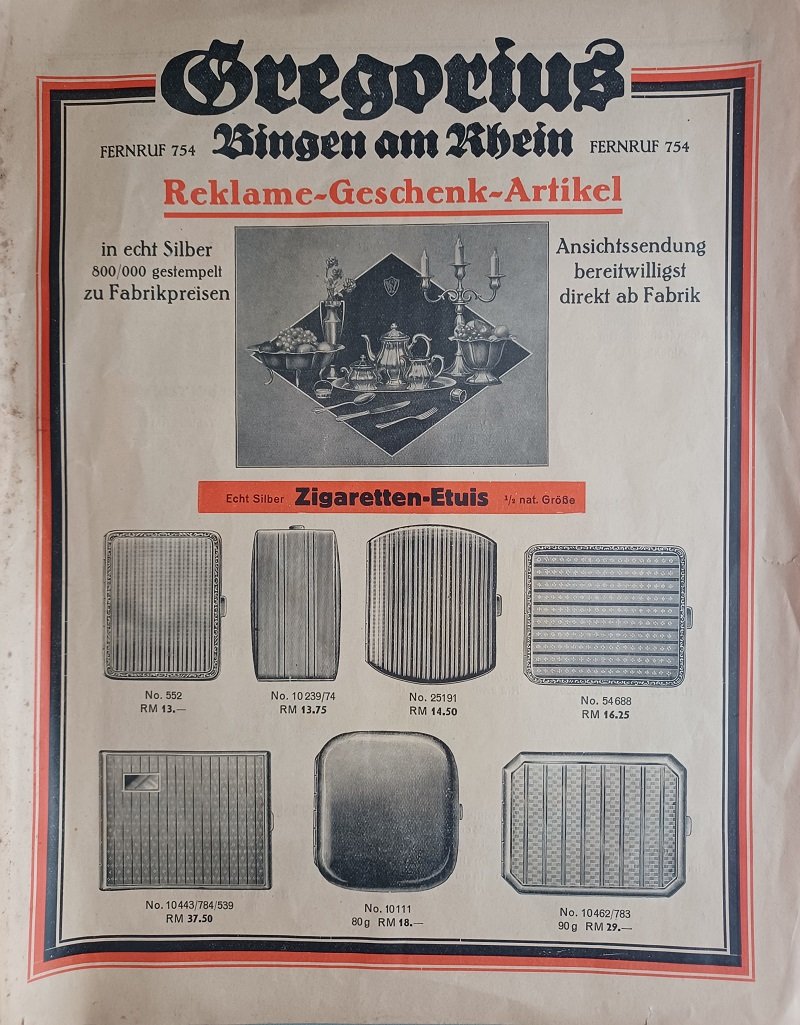 GREGORIUS, Bingen am Rhein:  Reklame-Geschenk-Artikel in echt Silber 800/000 gestempelt zu Fabrikpreisen. Ansichtssendung bereitwilligst direkt ab Fabrik. (Firmenkatalog). 