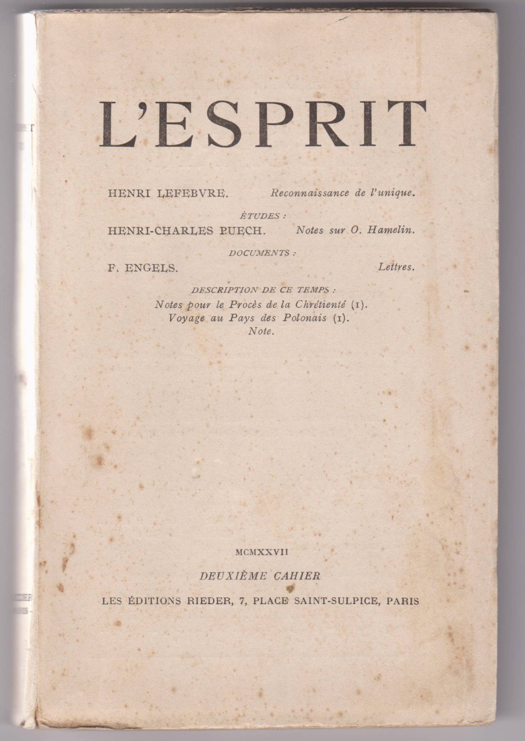 MORHANGE, Pierre (directeur) / Henri LEFEBVRE:  L'Esprit. Deuxième Cahier. 1927. 