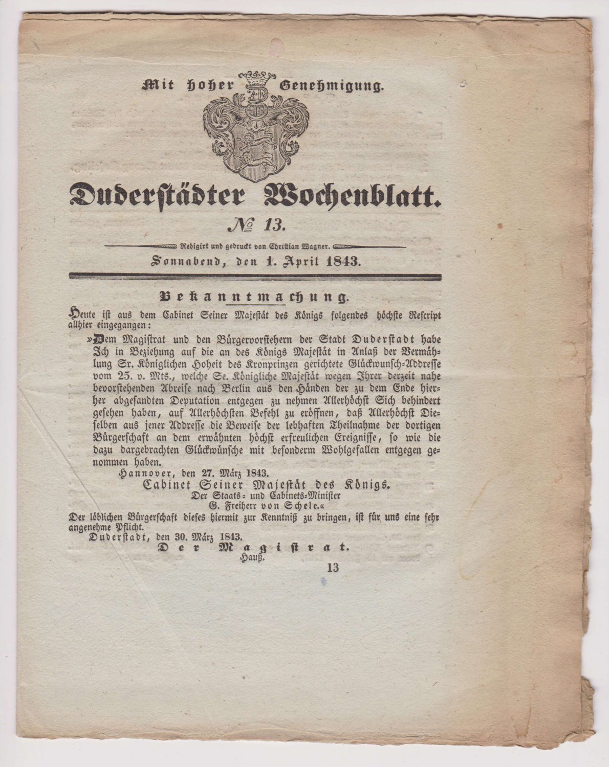   Duderstädter Wochenblatt Nr. 13. / Sonnabend, den 1. April 1843. 