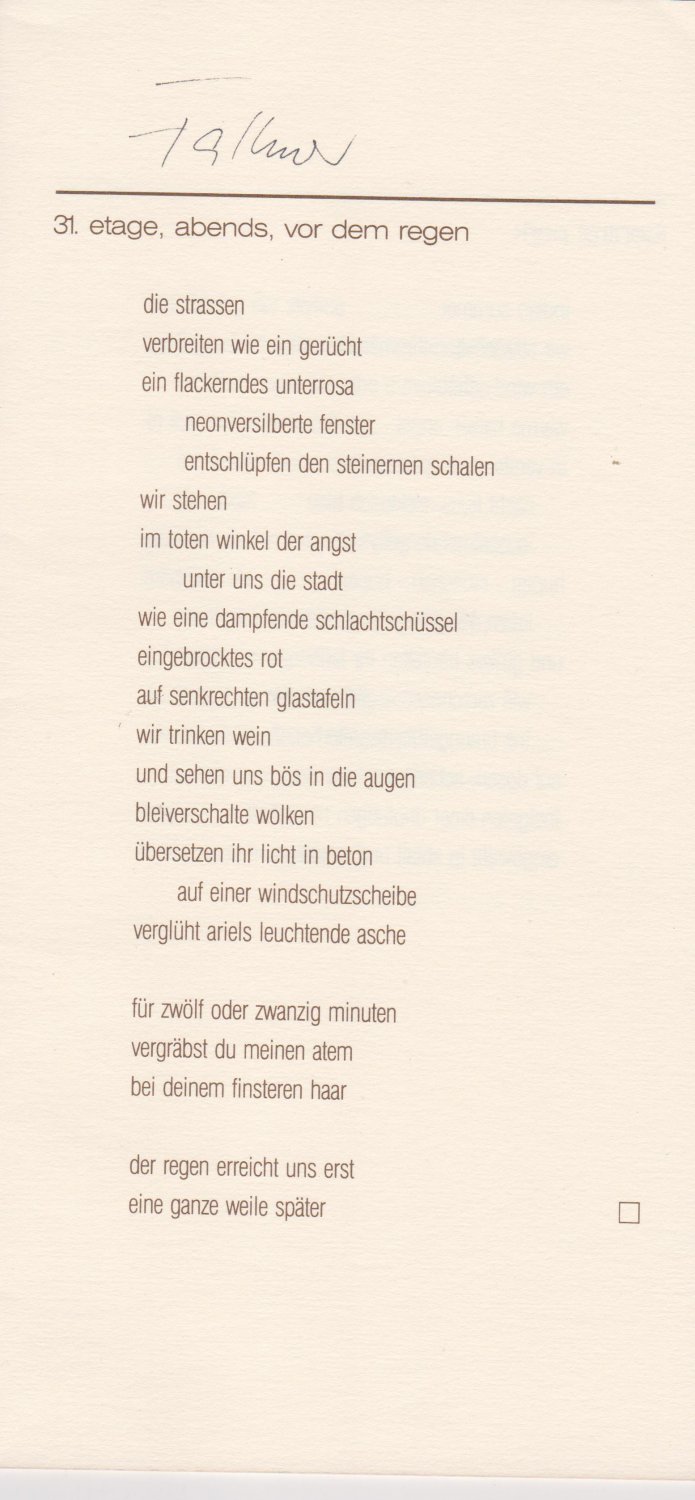 FALKNER, Gerhard:  8 Gedichte. (Signiert!) Städteförderpreis Stadt Nürnberg. Deutsches Haus at New York University. Herbst 1981. 