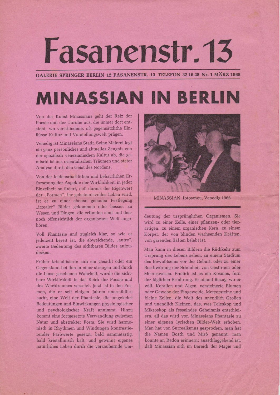 MINASSIAN, Leone / Galerie SPRINGER:  Fasanenstr.13 - (Mitteilungsblatt der) Galerie Springer... Nr.1.  März 1968. (Ausstellung) Minassian. 