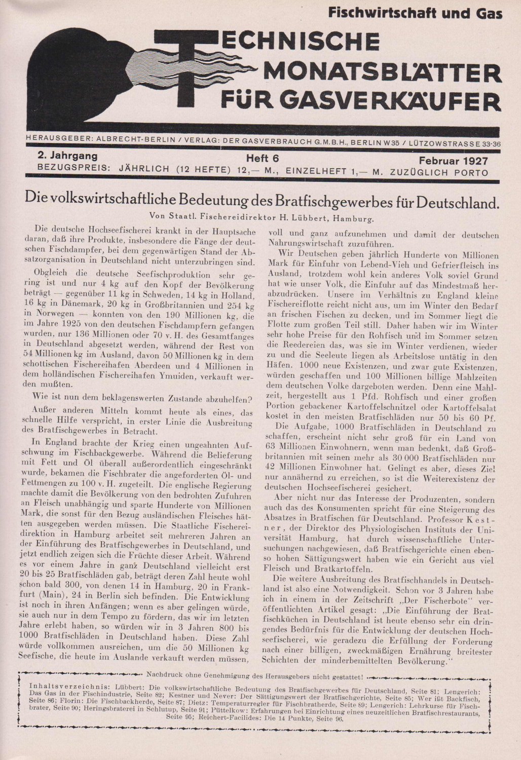 ALBRECHT-Berlin (Hrsg.):  Technische Monatsblätter für Gasverkäufer. Jahrgang 1926/27. 