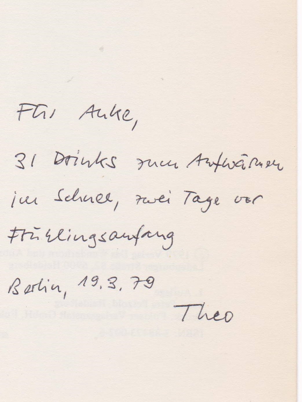 THEOBALDY, Jürgen:  Drinks. Gedichte aus Rom. (Mit Widmung und Signatur des Autors!). 