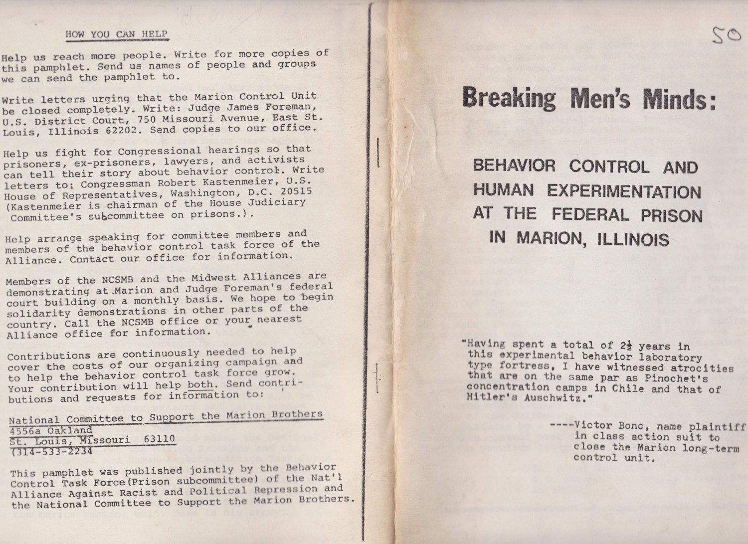 GRIFFIN, Eddie:  Breaking Men's Minds. Behavior Control and Human Experimentation at the Federal Prison in Marion, Illinois. (Copy of the original pamphlet concerning the Marion Control Unit). 