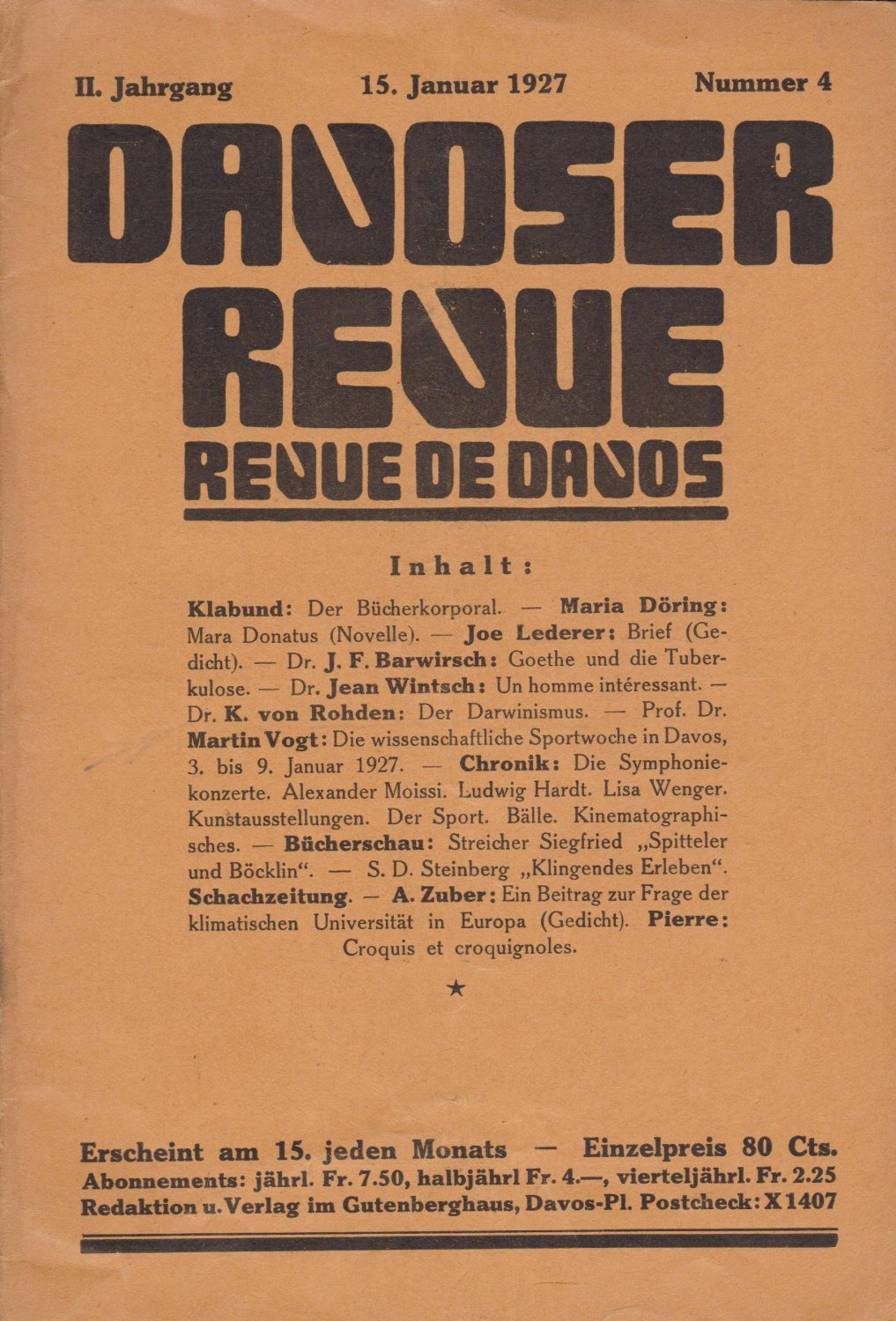   Davoser Revue. Revue De Davos. II. Jahrgang, Nummer 4, 15. Januar 1927. Zeitschrift für Literatur, Wissenschaft, Kunst und Sport. 