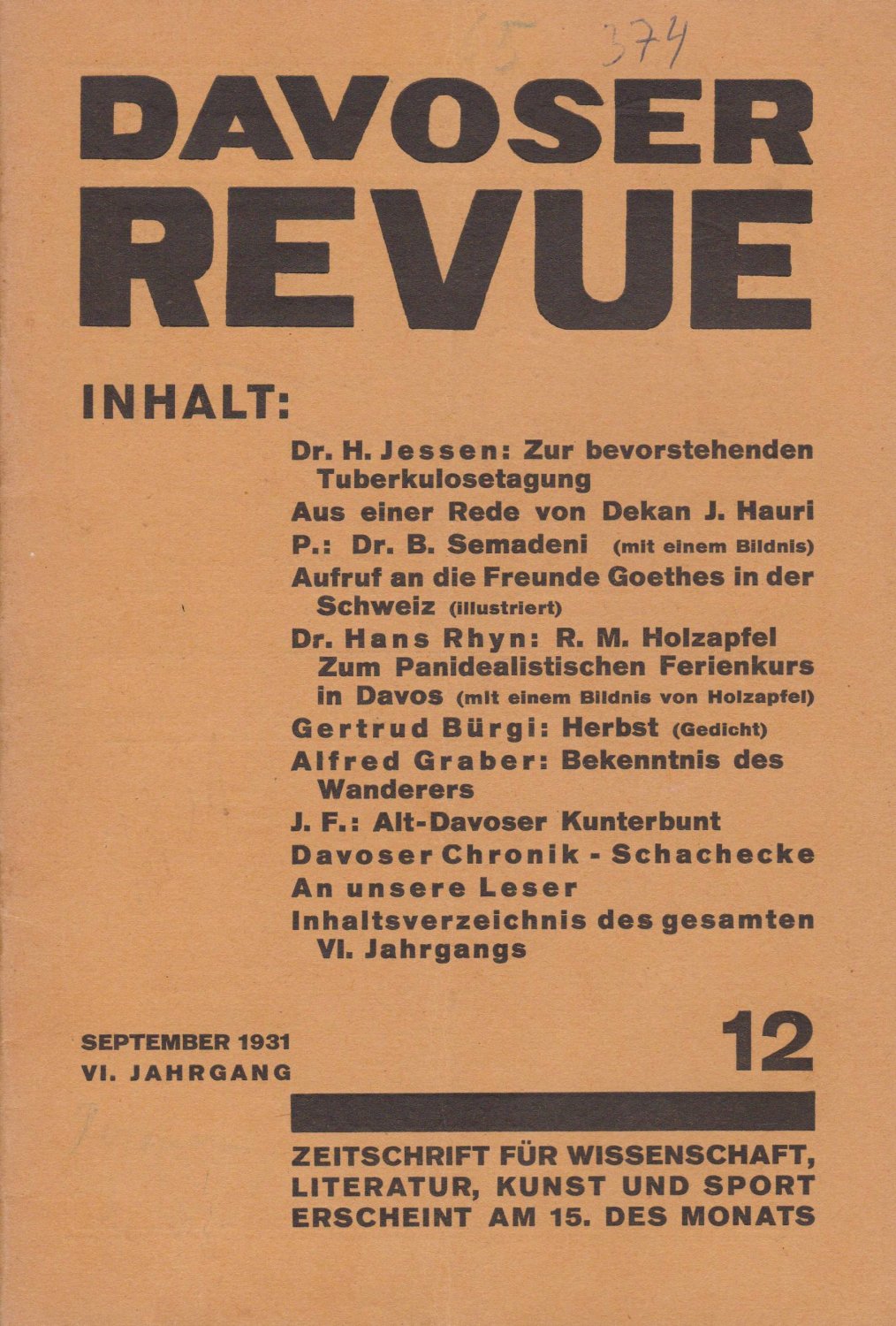   Davoser Revue. VI. Jahrgang, Nummer 12, September 1931. Zeitschrift für Literatur, Wissenschaft, Kunst und Sport. 