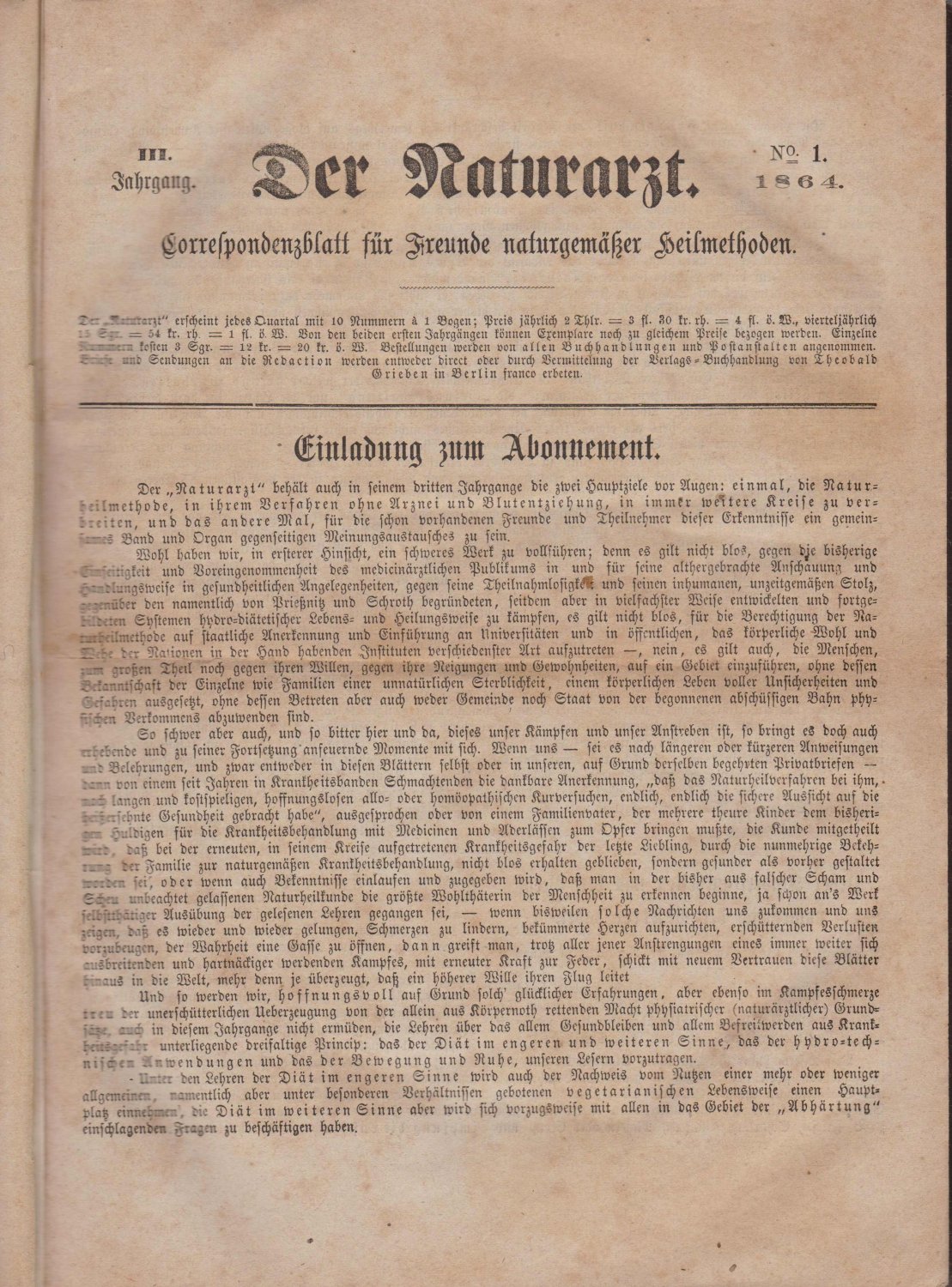 MEINERT, W. (Wilhelm):  Der Naturarzt. Correspondenzblatt für Freunde naturgemäßer Heilmethoden. Dritter Jahrgang 1864. 