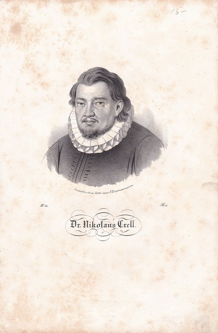   Porträt / Bildnis von Nikolaus Crell / Krell (1551-1601). Original-Lithographie. Gezeichnet u. lith. von F. Zimmermann. 