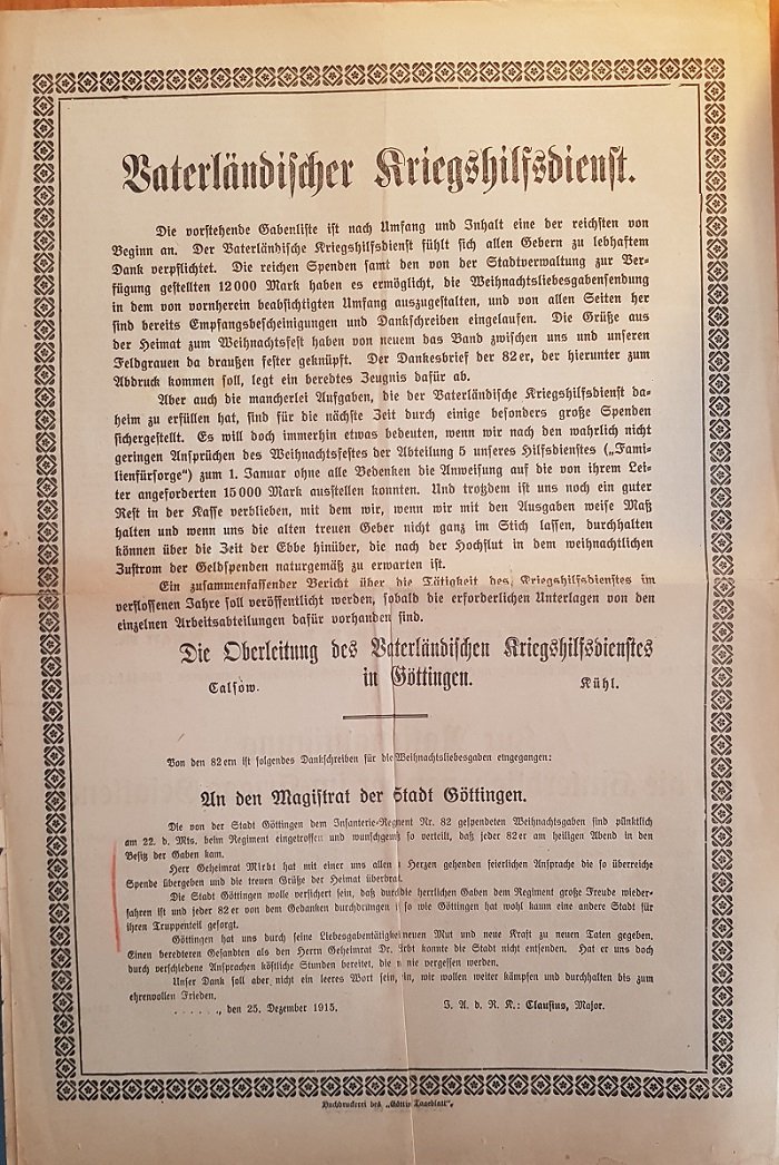 Vaterländischer Kriegshilfsdienst Göttingen (Herausgeber):  Verzeichnis der allgemeinen Spenden. 10. Veröffentlichung. (Weihnachten 1915). Original-Zeitung. (Beilage zur "Göttinger Zeitung"). 
