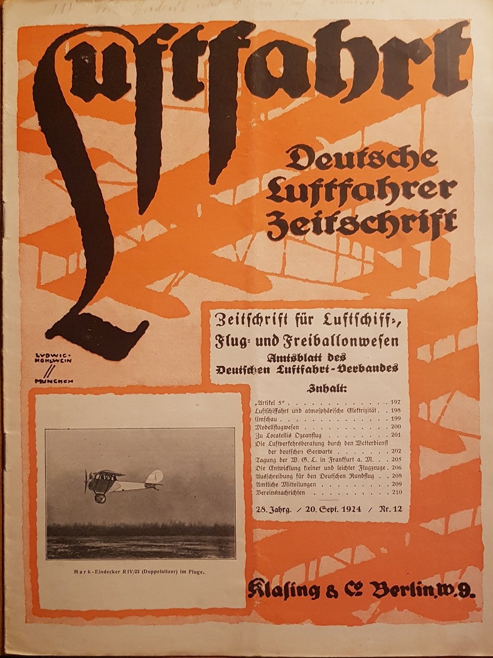 PETSCHOW, Robert (Schriftleiter):  Luftfahrt. Deutsche Luftfahrer Zeitschrift. Nr. 12, 20. Sept. 1924. Zeitschrift für Luftschiff-, Flug- und Freiballonwesen. Amtsblatt des Deutschen Luftfahrt-Verbandes. 