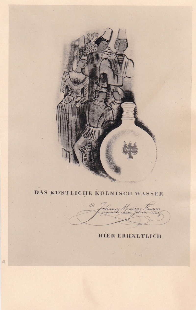 Johann Maria Farina gegenüber dem Jülichs-Platz (Herausgeber):  Das Köstliche Kölnisch Wasser. Postkarte / Ansichtskarte (Werbemittel). Original-Werbemittelentwurf für das zeitgenössische Produkt des Kölner Parfumherstellers. 