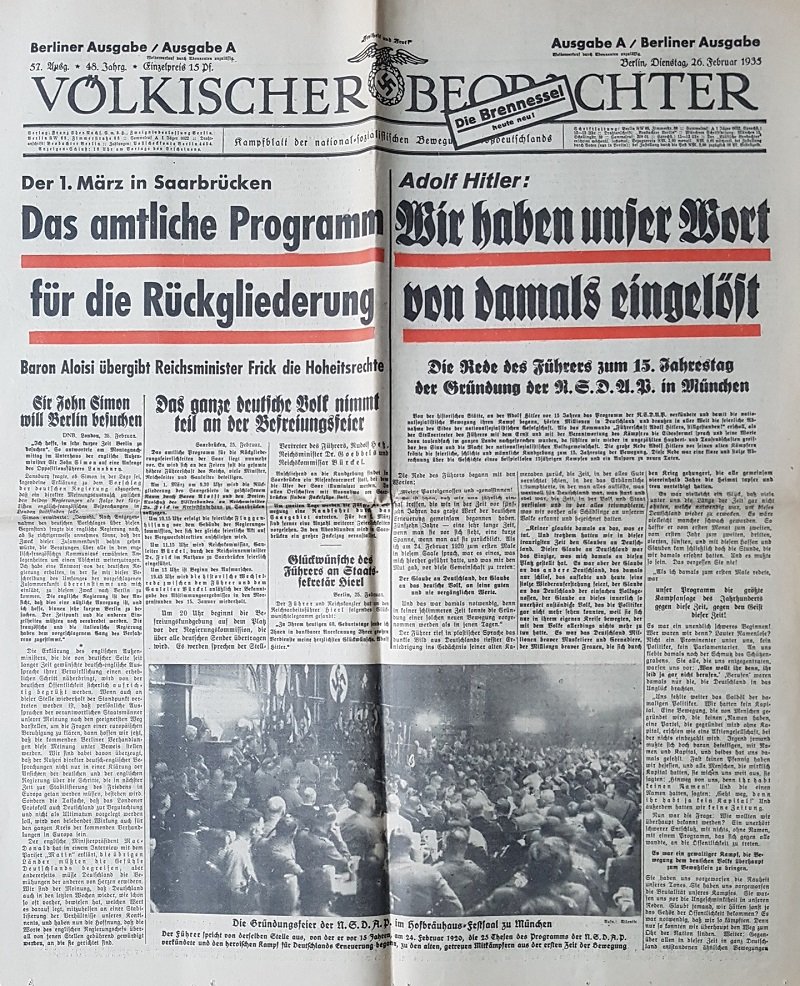 NSDAP (Herausgeber):  Völkischer Beobachter. 7 Ausgaben aus dem Jahr 1935. Ausgabe A / Berliner Ausgabe. Kampfblatt der national-sozialistischen Bewegung Großdeutschlands. 