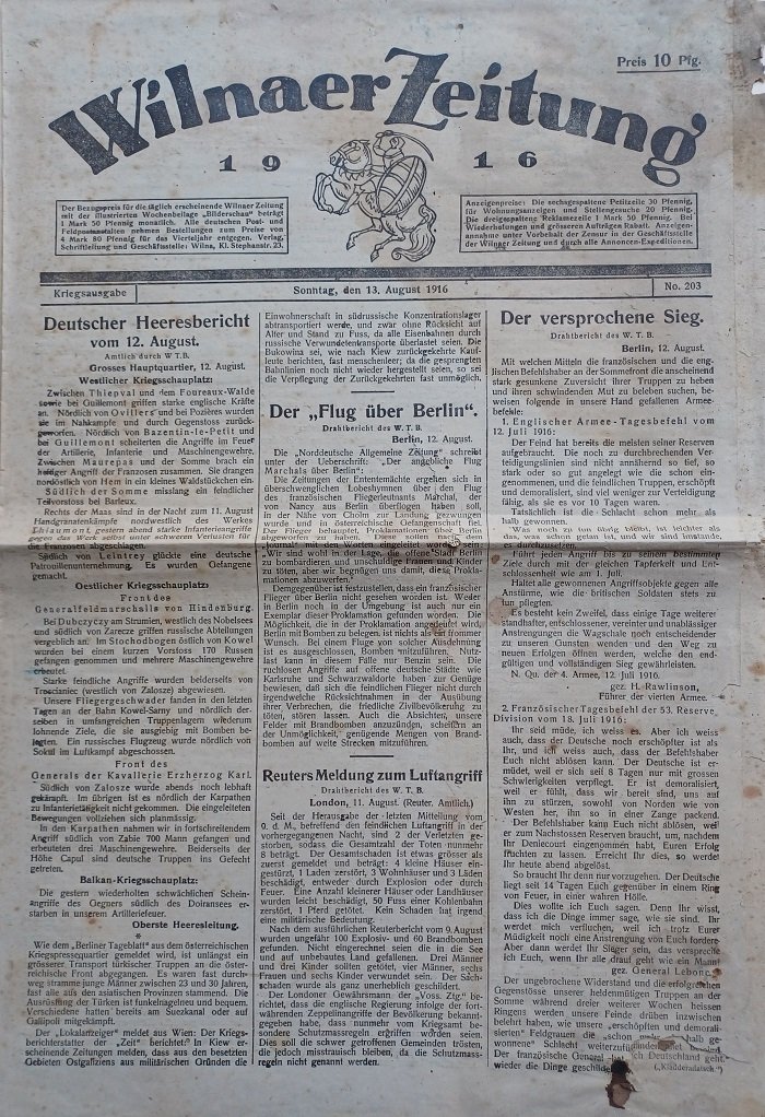 Leutnant Wallenberg (Herausgeber):  Wilnaer Zeitung. Nr. 203. Sonntag, 13. August 1916. Kriegsausgabe. 