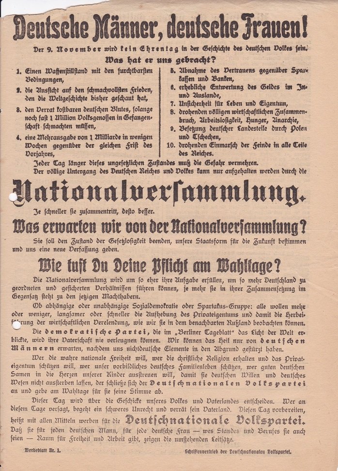 Deutschnationale Volkspartei (Herausgeber):  Deutsche Männer, deutsche Frauen! (Original-Flugblatt zur Wahl zur Deutschen Nationalversammlung 1919). 