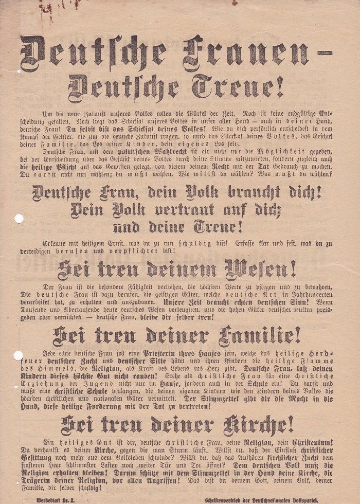 Deutschnationale Volkspartei (Herausgeber):  Deutsche Frauen - Deutsche Treue! (Original-Flugblatt zur Wahl zur Deutschen Nationalversammlung 1919). 