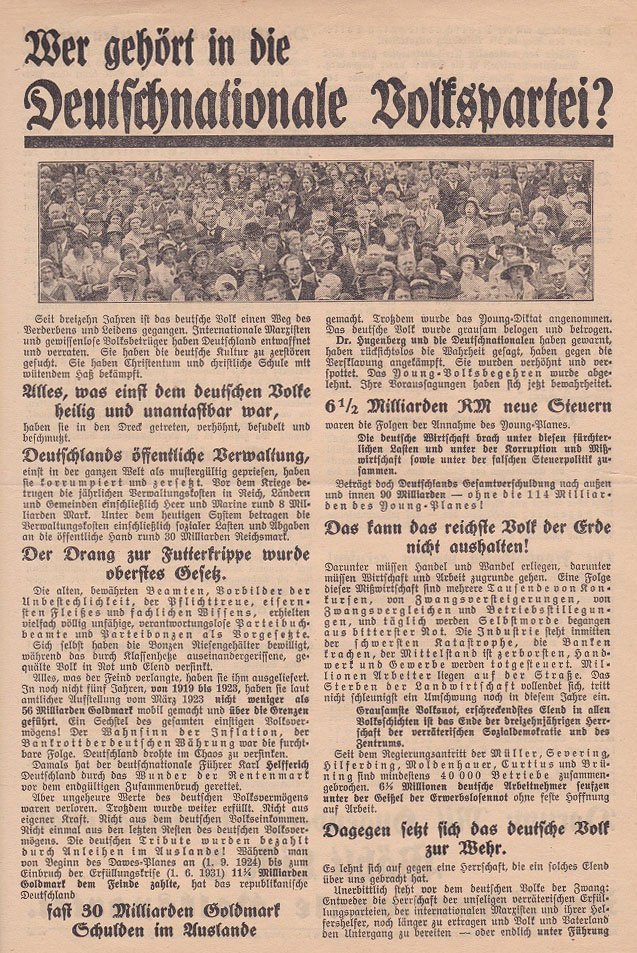 Deutschnationale Volkspartei (Herausgeber):  Wer gehört in die Deutschnationale Volkspartei! (Original-Flugblatt zu den Reichstagswahlen im Juli 1932). 