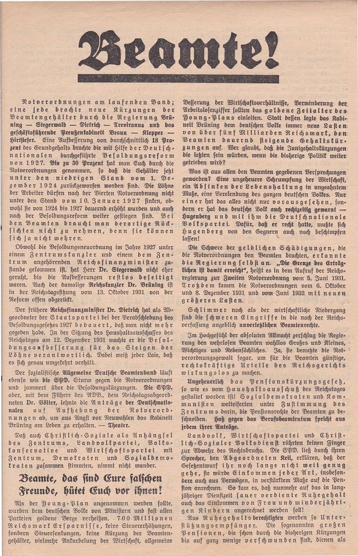 Deutschnationale Volkspartei (Herausgeber):  Beamte! (Original-Flugblatt zu den Reichstagswahlen im Juli 1932). 