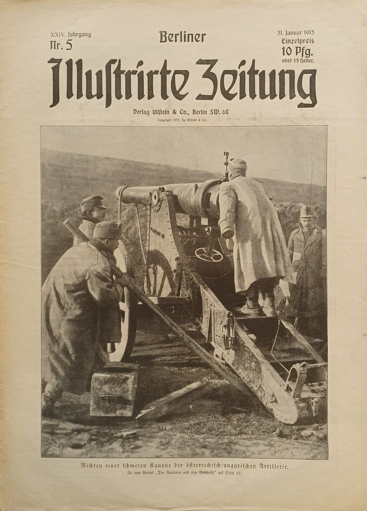 Verlag Ullstein & Co. (Herausgeber):  Berliner Illustrirte Zeitung. Nummer 5, 31. Januar 1915. Richten einer schweren Kanone der österreichisch-ungarischen Artillerie. 