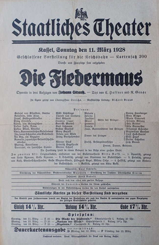Staatliches Theater Kassel (Herausgeber):  Die Fledermaus. Operette in drei Aufzügen von Johann Strauss. Kassel, Sonntag den 11. März 1928. Geschlossene Vorstellung für die Reichsbahn. (Original-Kleinplakat). 