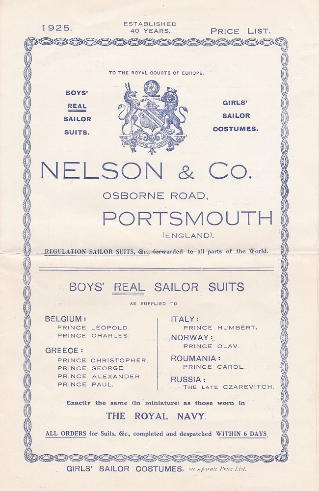 Nelson & Co., Portsmouth (Editors):  Boys Real Sailor Suits. (Original product advertising with an authentic fabric sample). 