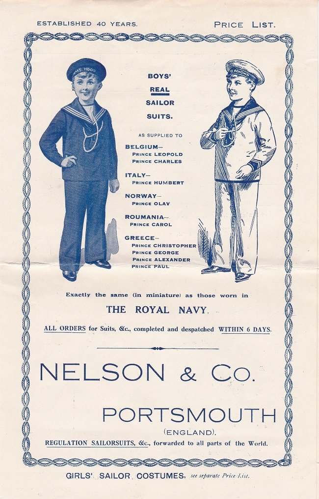 Nelson & Co., Portsmouth (Editors):  Boys' Real Sailor Suits. (Original product advertising with an authentic fabric sample). 