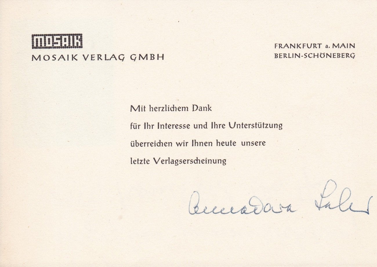 LEBER, Annedore:  Verlagspostkarte. (Mit Signatur von Annedore Leber!). Original-Verlagsdrucksache zur Übersendung der damaligen Neuerscheinung. 