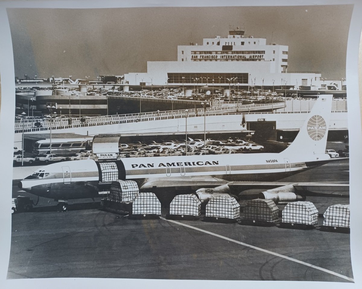 Pan American World Airways, Public Relations Division (Editor):  Pan Am jet freighter loading at San Francisco International Airport. (Original photograph on the history of Pan Am Airways). 