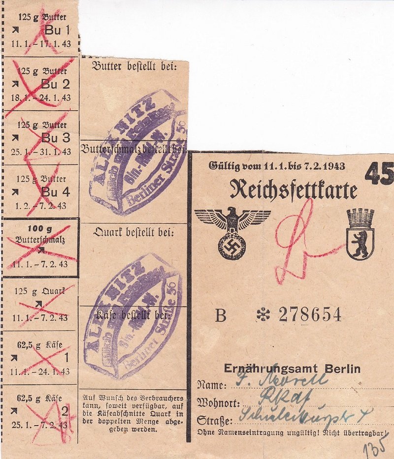 Ernährungsamt Berlin (Herausgeber):  Reichsfettkarte 45. Gültig vom 11.1. bis 7.2.1943. (Original-Lebensmittelmarken der Reichshauptstadt im Jahr 1943). 