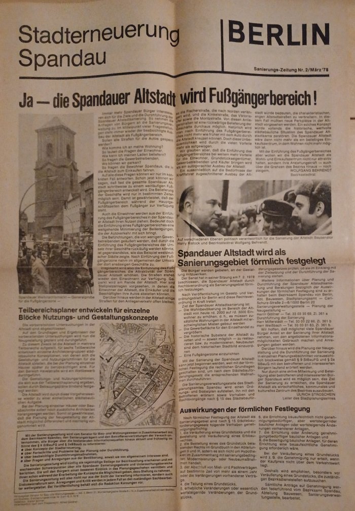 Bezirksamt Spandau, Westberlin (Herausgeber):  Stadterneuerung Spandau. Sanierungs-Zeitung Nr. 2, März 1978. Ja - die Spandauer Altstadt wird Fußgängerbereich! 