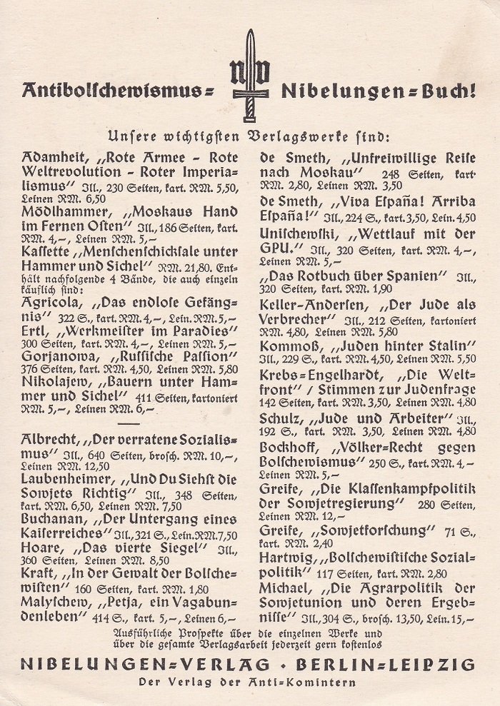 Nibelungen-Verlag, Berlin (Herausgeber):  Antibolschewismus = Nibelungen-Buch! (Zeitgenössische Werbepostkarte des Verlags). 