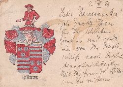 HILLMANN, Arzt in St. Margarethen/Holstein:  Lieber Namensvetter [...]. Postkarte mit Wappen zum Familiennamen Hillmann. 